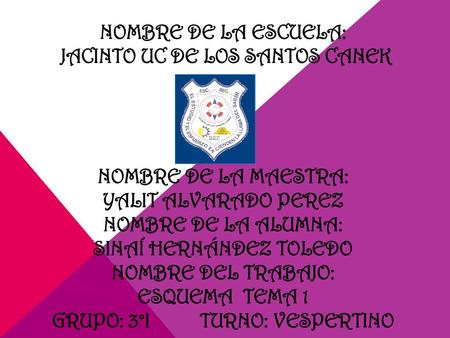 NOMBRE DE LA ESCUELA: Jacinto Uc de los Santos Canek Nombre de la maestra: Yalit Alvarado Perez Nombre de la alumna: Sinaí Hernández Toledo Nombre.