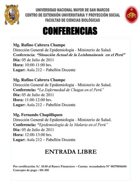CONFERENCIAS ENTRADA LIBRE Mg. Rufino Cabrera Champe
