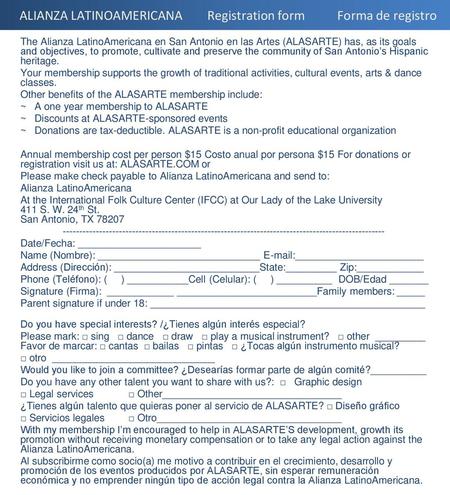 ALIANZA LATINOAMERICANA Registration form Forma de registro
