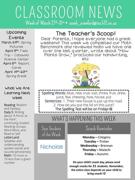 CLASSROOM NEWS The Teacher’s Scoop! WHAT’S HAPPENING THIS WEEK