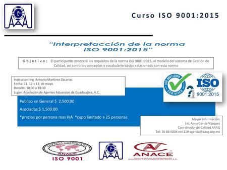 Curso ISO 9001:2015 Publico en General $ 2, Asociados $ 1,500.00