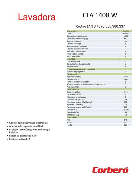 Lavadora CLA 1408 W Código EAN