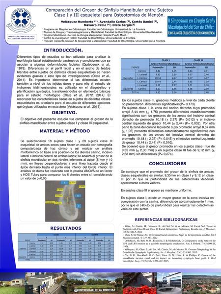 Comparación del Grosor de Sínfisis Mandibular entre Sujetos Clase I y III esqueletal para Osteotomías de Mentón. Velásquez Humberto (1), Avendaño Carlos.