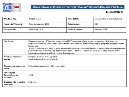 Fecha: 07/08/16 Ámbito de RSE: Calidad de vida Tema de RSE: