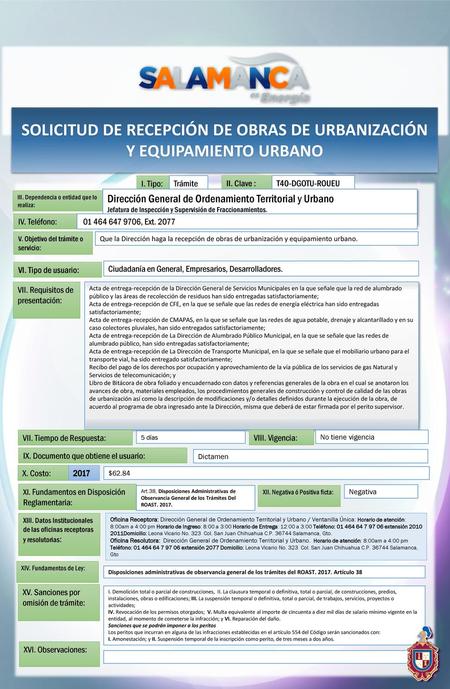 SOLICITUD DE RECEPCIÓN DE OBRAS DE URBANIZACIÓN Y EQUIPAMIENTO URBANO