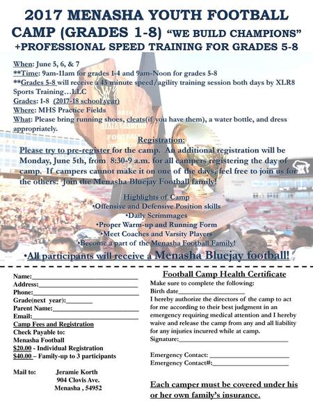 2017 Menasha Youth Football Camp (Grades 1-8) “we Build champions”