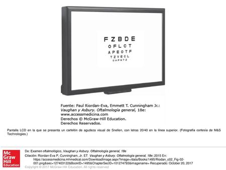 Pantalla LCD en la que se presenta un cartelón de agudeza visual de Snellen, con letras 20/40 en la línea superior. (Fotografía cortesía de M&S Technologies.)