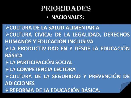 Prioridades NACIONALES: CULTURA DE LA SALUD ALIMENTARIA