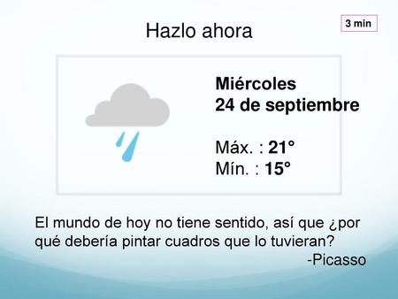 Hazlo ahora Miércoles 24 de septiembre Máx. : 21° Mín. : 15°