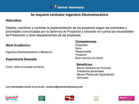 Se requiere contratar Ingeniero Electromecánico