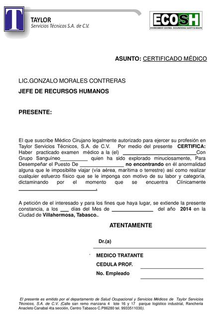 ASUNTO: CERTIFICADO MÉDICO