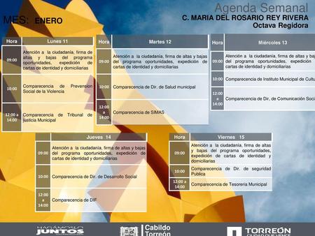 Agenda Semanal MES: ENERO C. MARIA DEL ROSARIO REY RIVERA