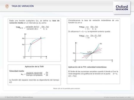 TASA DE VARIACIÓN Dada una función cualquiera f(x), se define su tasa de variación media en un intervalo [a, b], como: TVM[a, b] = var i ac ón de f ( x.