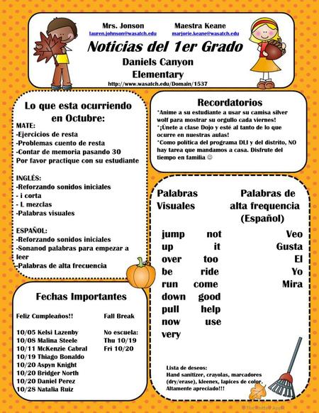 Noticias del 1er Grado Daniels Canyon Elementary Recordatorios