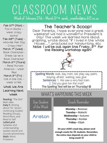 CLASSROOM NEWS The Teacher’s Scoop! WHAT’S HAPPENING THIS WEEK Ariston