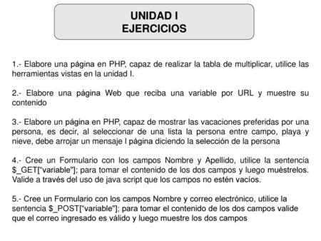 UNIDAD I EJERCICIOS 1.- Elabore una página en PHP, capaz de realizar la tabla de multiplicar, utilice las herramientas vistas en la unidad I. 2.- Elabore.