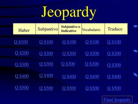 Jeopardy Subjuntivo Traduce Haber Q $100 Q $100 Q $100 Q $100 Q $100