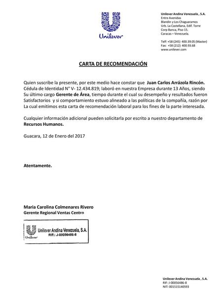 CARTA DE RECOMENDACIÓN