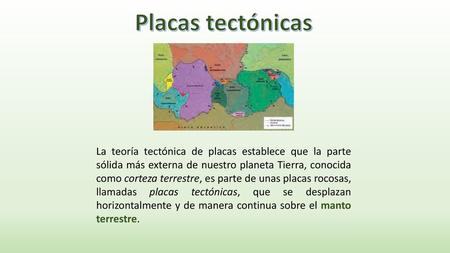 Placas tectónicas La teoría tectónica de placas establece que la parte sólida más externa de nuestro planeta Tierra, conocida como corteza terrestre, es.