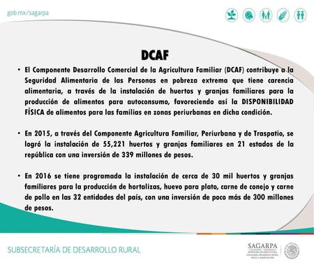 DCAF  El Componente Desarrollo Comercial de la Agricultura Familiar (DCAF) contribuye a la Seguridad Alimentaria de las Personas en pobreza extrema que.