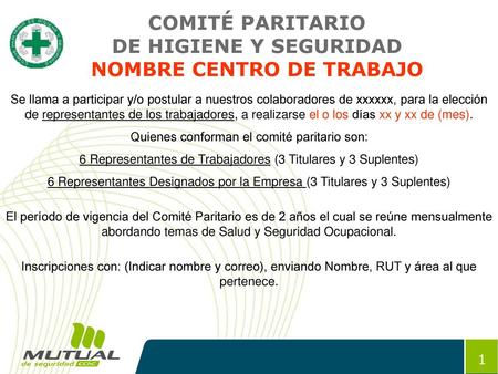 COMITÉ PARITARIO DE HIGIENE Y SEGURIDAD NOMBRE CENTRO DE TRABAJO