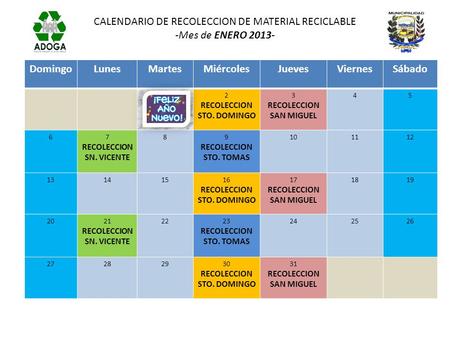 CALENDARIO DE RECOLECCION DE MATERIAL RECICLABLE -Mes de ENERO 2013-