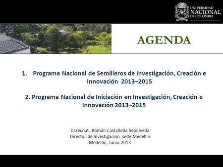Dr.rer.nat. Román Castañeda Sepúlveda Director de Investigación, sede Medellín Medellín, Junio 2013 1.Programa Nacional de Semilleros de Investigación,