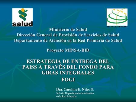 Ministerio de Salud Dirección General de Provisión de Servicios de Salud Departamento de Atención en la Red Primaria de Salud Proyecto MINSA-BID ESTRATEGIA.