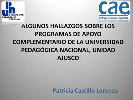 ALGUNOS HALLAZGOS SOBRE LOS PROGRAMAS DE APOYO COMPLEMENTARIO DE LA UNIVERSIDAD PEDAGÓGICA NACIONAL, UNIDAD AJUSCO Patricia Castillo Lorenzo.