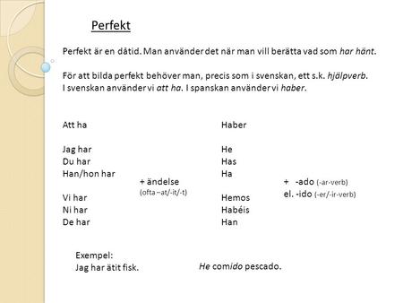 Perfekt Perfekt är en dåtid. Man använder det när man vill berätta vad som har hänt. För att bilda perfekt behöver man, precis som i svenskan, ett s.k.