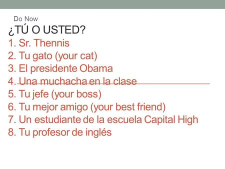 ¿Tú o Usted. 1. Sr. Thennis 2. Tu gato (your cat) 3
