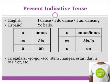 Present Indicative Tense English:I dance / I do dance / I am dancing Español:Yo bailo. Irregulars: -go-go, -zco, stem changes, estar, dar, ir, ser, ver,
