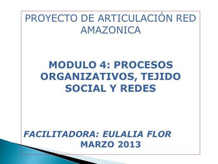 PROYECTO DE ARTICULACIÓN RED AMAZONICA MODULO 4: PROCESOS ORGANIZATIVOS, TEJIDO SOCIAL Y REDES FACILITADORA: EULALIA FLOR MARZO 2013.