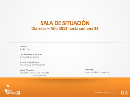 SALA DE SITUACIÓN Director: Dr. Nery Fures Coordinador de Programas: Dr. Daniel D Alessandro Área de Epidemiología Referente: Lic. Carina Brocardo Sala.