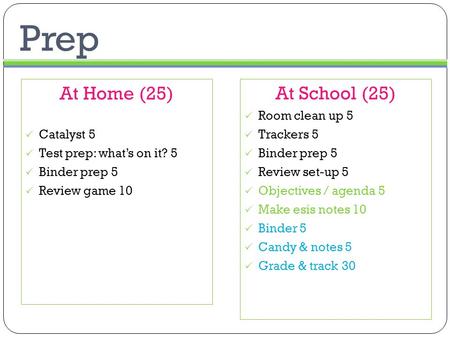Prep At School (25)  Room clean up 5  Trackers 5  Binder prep 5  Review set-up 5  Objectives / agenda 5  Make esis notes 10  Binder 5  Candy &