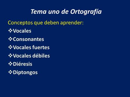 Tema uno de Ortografía Conceptos que deben aprender: Vocales