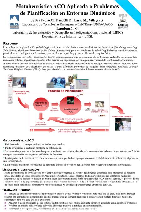 Metaheurística ACO Aplicada a Problemas de Planificación en Entornos Dinámicos de San Pedro M., Pandolfi D., Lasso M., Villagra A. Laboratorio de Tecnologías.