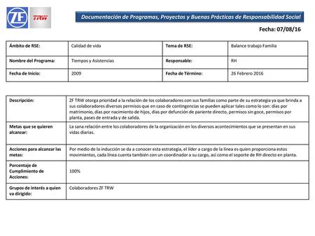 Fecha: 07/08/16 Ámbito de RSE: Calidad de vida Tema de RSE: