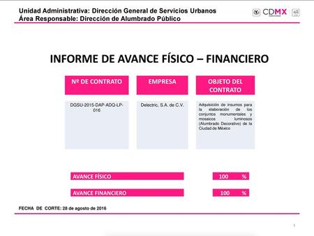 INFORME DE AVANCE FÍSICO – FINANCIERO