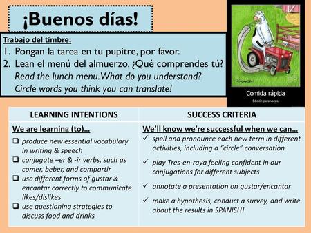 ¡Buenos días! Pongan la tarea en tu pupitre, por favor.