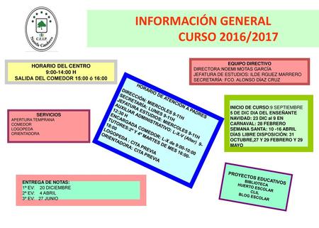 INFORMACIÓN GENERAL CURSO 2016/2017 HORARIO DE ATENCIÓN A PADRES