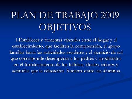 PLAN DE TRABAJO 2009 OBJETIVOS