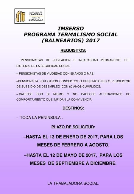 IMSERSO PROGRAMA TERMALISMO SOCIAL (BALNEARIOS) 2017