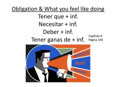 Obligation & What you feel like doing Tener que + inf. Necesitar + inf