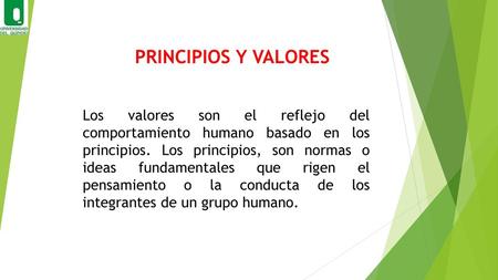 PRINCIPIOS Y VALORES Los valores son el reflejo del comportamiento humano basado en los principios. Los principios, son normas o ideas fundamentales que.