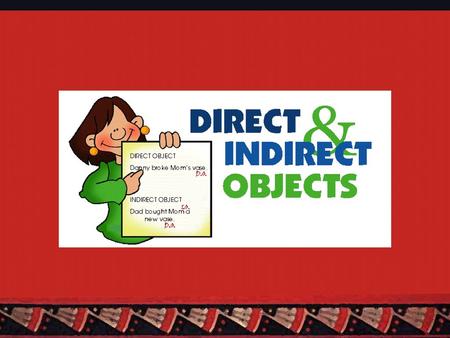 Object Pronouns There are two types of object pronouns: direct and indirect Direct Object (DO) answer the question “who or what is receiving the action.