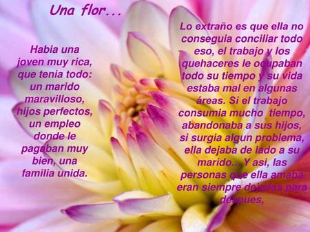 Una flor... Lo extraño es que ella no conseguia conciliar todo eso, el trabajo y los quehaceres le ocupaban todo su tiempo y su vida estaba mal.