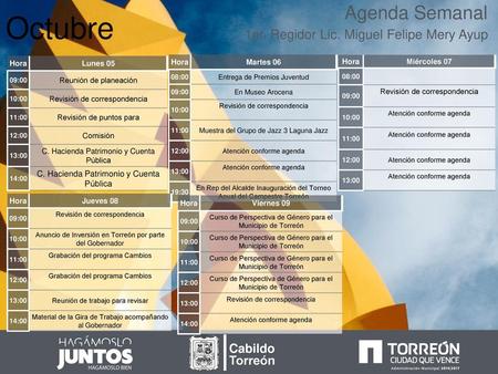 Octubre Agenda Semanal 1er. Regidor Lic. Miguel Felipe Mery Ayup