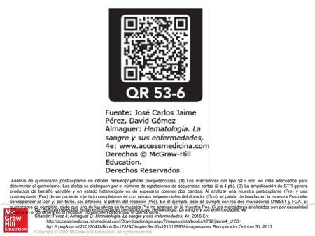 Análisis de quimerismo postrasplante de células hematopoyéticas pluripotenciales. (A) Los marcadores del tipo STR son los más adecuados para determinar.