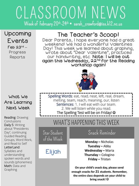 CLASSROOM NEWS Upcoming Events The Teacher’s Scoop!